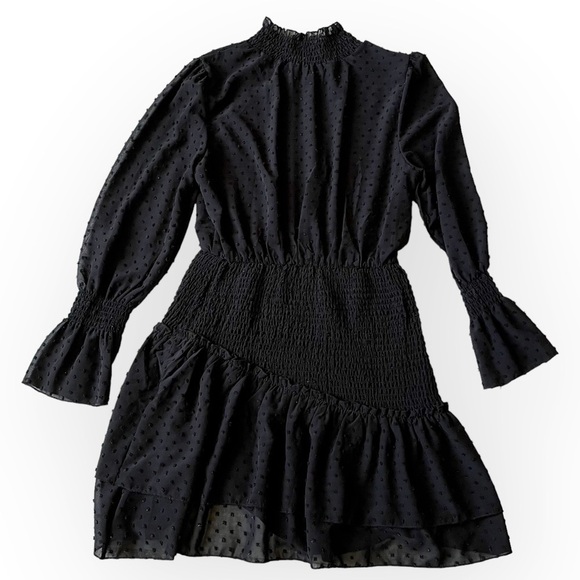 Goodnight Macaroon Mini Dress Textured Tiered Shirred Hips Black Crepe Dots 6 - Picture 9 of 10